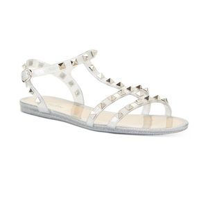 Valentino Rockstud Silver Glitter Jelly PVC Stud Cage Ankle Strap Flat Sandal 41